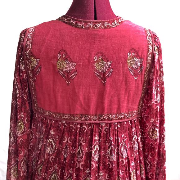 70s Adini Burgundy Boho Maxi Dress | Gold Print Empire Waist Tassel Beads Fall - Picture 13 of 16